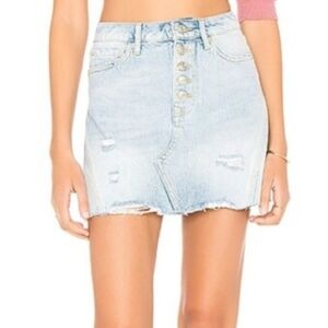 Free People A Line Faded Light Blue Button-Up Distressed Denim Mini